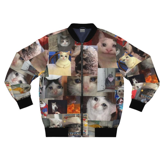 A bomber jacket featuring a crying cat meme design