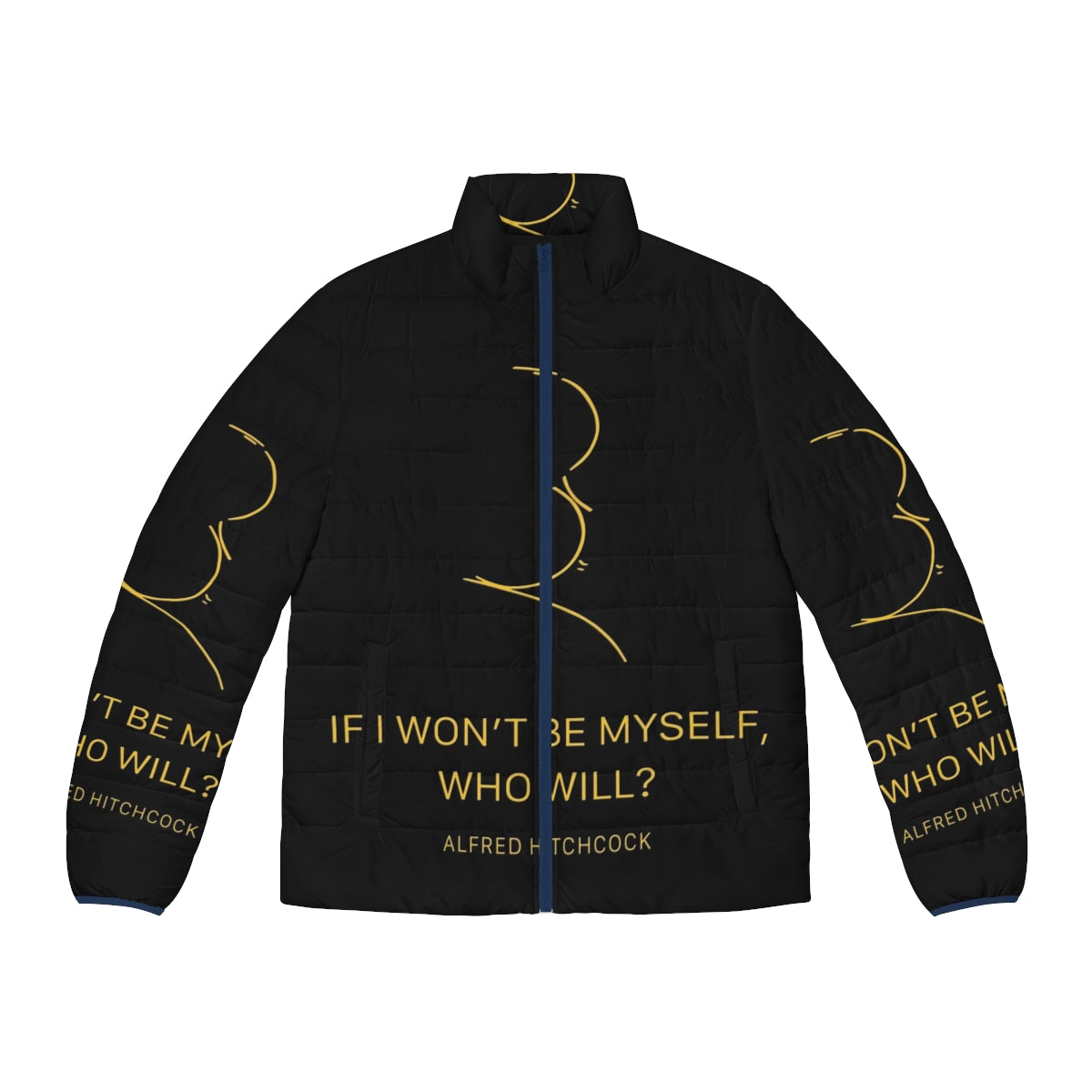 Alfred Hitchcock quote puffer jacket with black and gold design