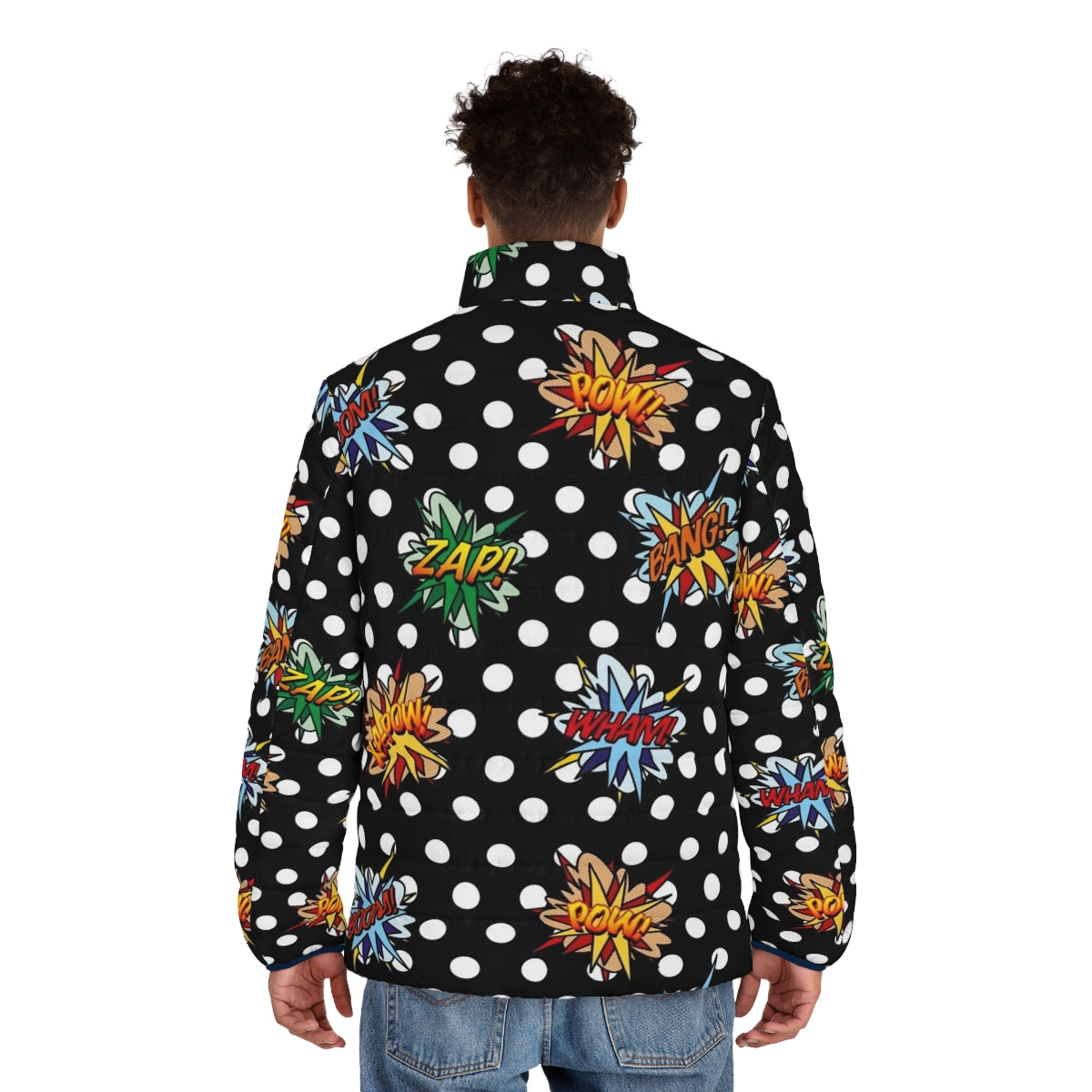 Vibrant comic book-inspired puffer jacket with pop art graphics - men back