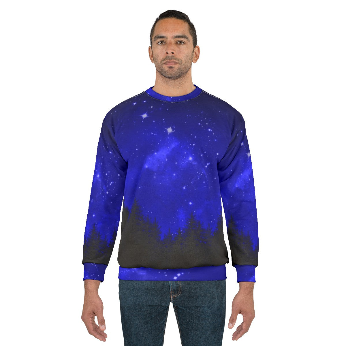 Blue galaxy forest night sky sweatshirt with trees and mountains - men