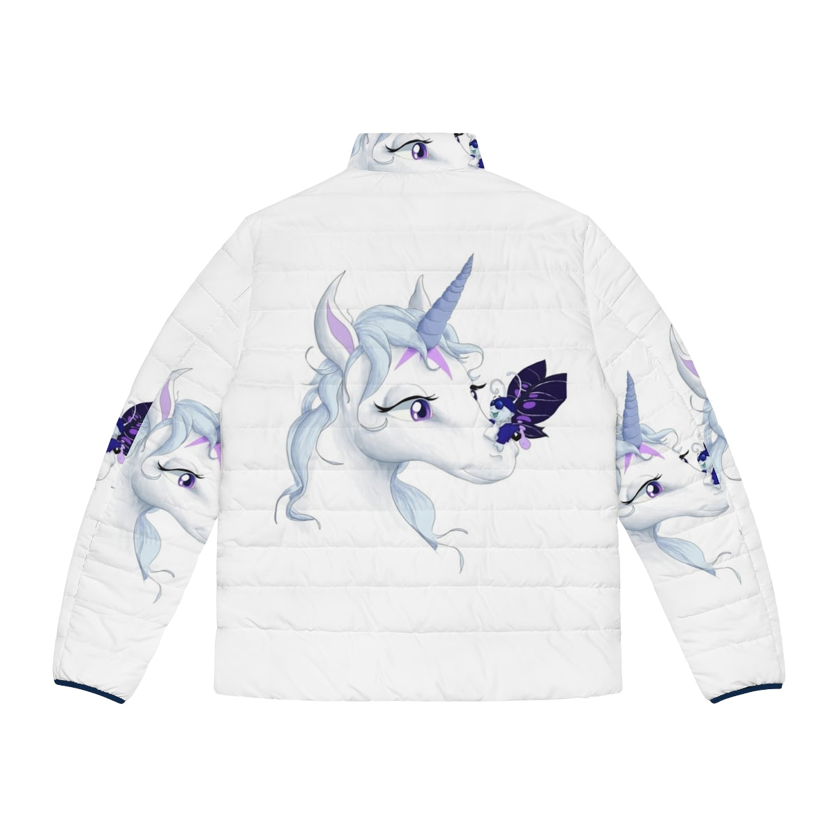 A puffer jacket featuring an illustration of the iconic The Last Unicorn character - Back