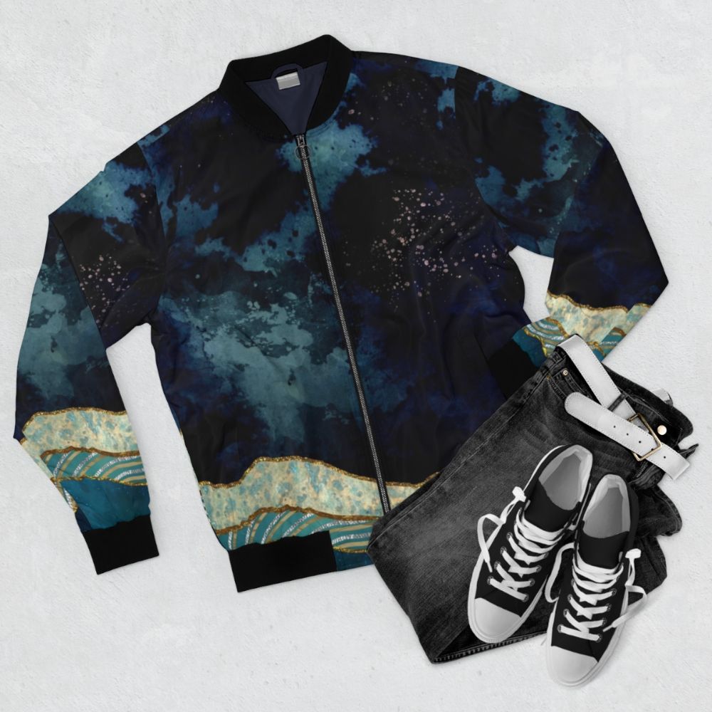 Indigo Sky Abstract Landscape Bomber Jacket with Nature, Mountains, and Galaxy Motifs - Flat lay