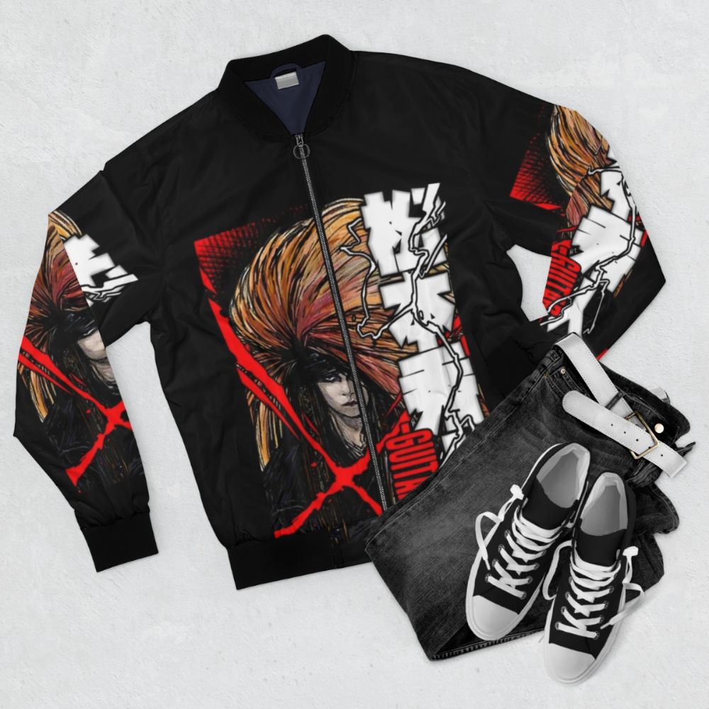 Red bomber jacket with the Red X logo of the Japanese rock band X Japan and their founding member Hide - Flat lay