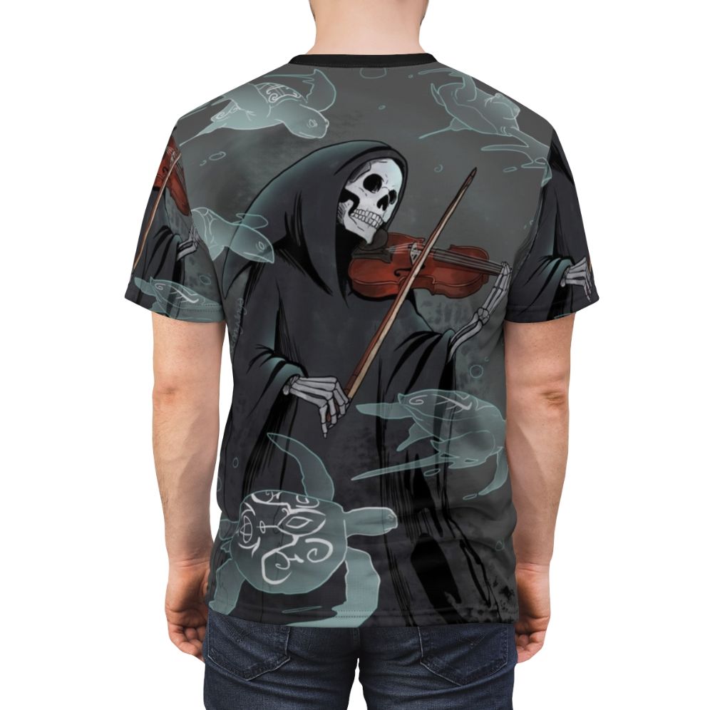 A t-shirt design featuring a dark, moody illustration of a violin and grim reaper with sea turtles. - men back