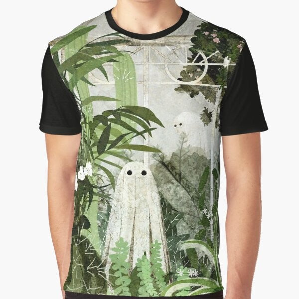 Vintage-style graphic t-shirt with a ghost in a greenhouse surrounded by nature and plants