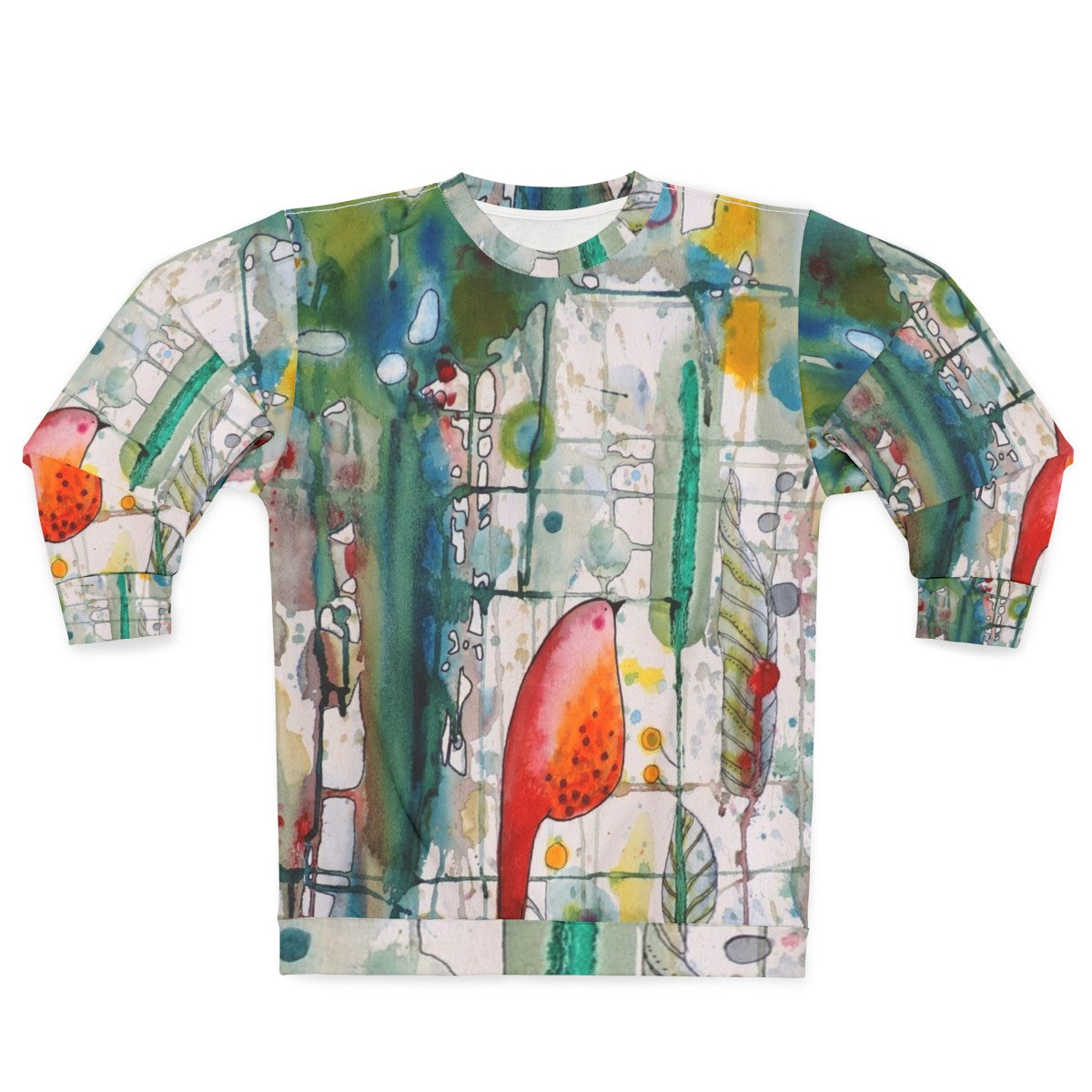 Watercolor bird sweatshirt with forest leaves and feathers