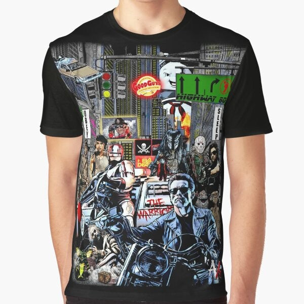 Retro 80s graphic t-shirt featuring a classic 1980s movie design