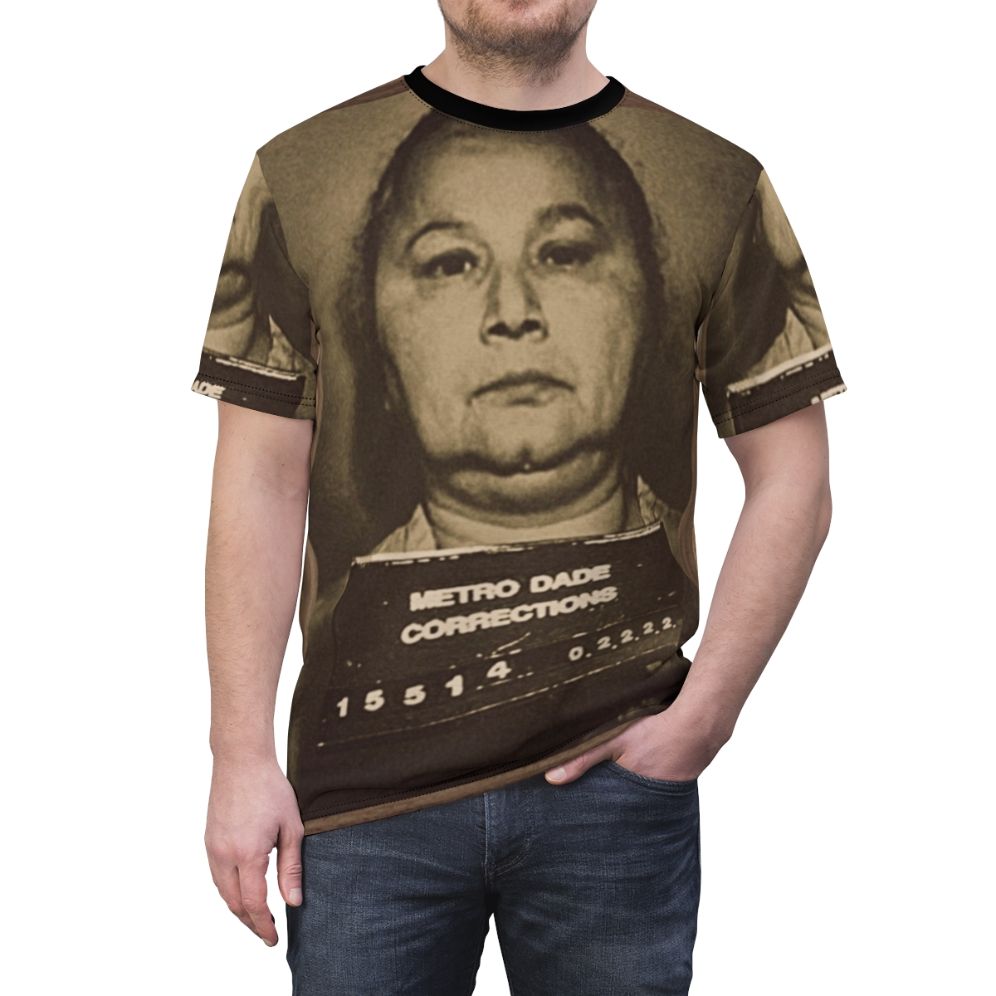 Griselda Blanco inspired all-over-print t-shirt design featuring the crime boss known as the "Black Widow" - men front