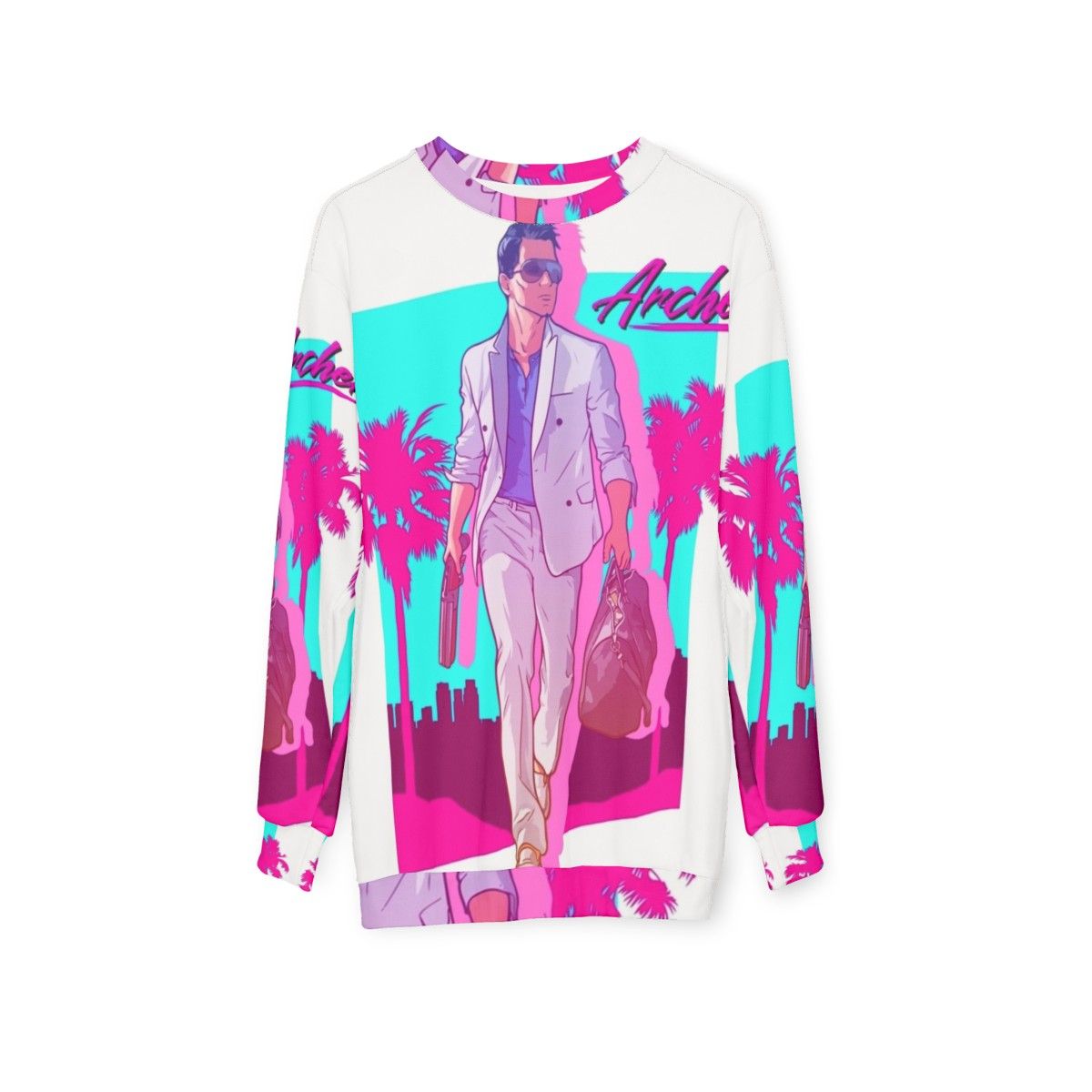 Archer Vice Palm 80s Sweatshirt featuring retro synthwave vaporwave design - hanging