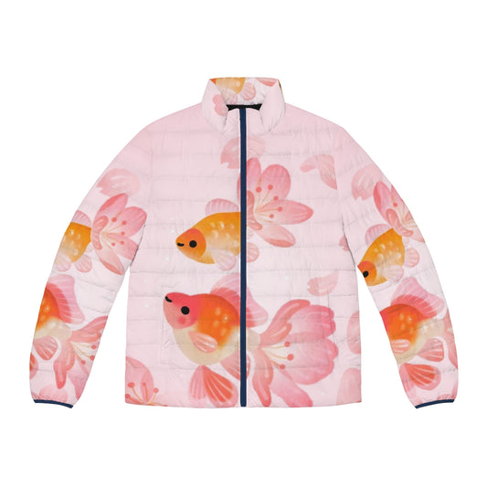 A puffer jacket featuring a vibrant cherry blossom and goldfish design