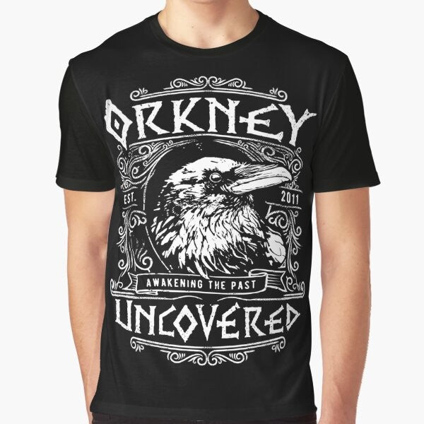 Orkney Raven Graphic T-Shirt featuring a majestic raven design inspired by Viking mythology