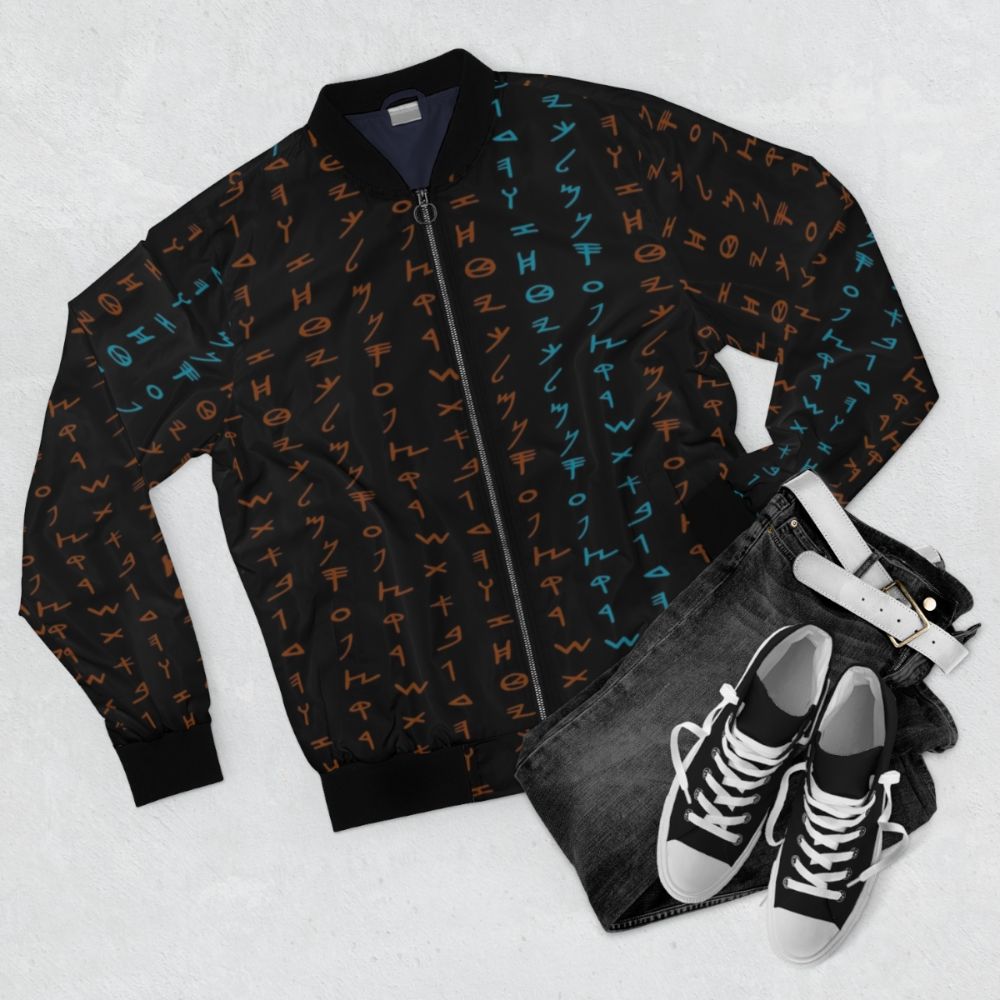 Paleo Hebrew Bomber Jacket with Alephbet Design - Flat lay