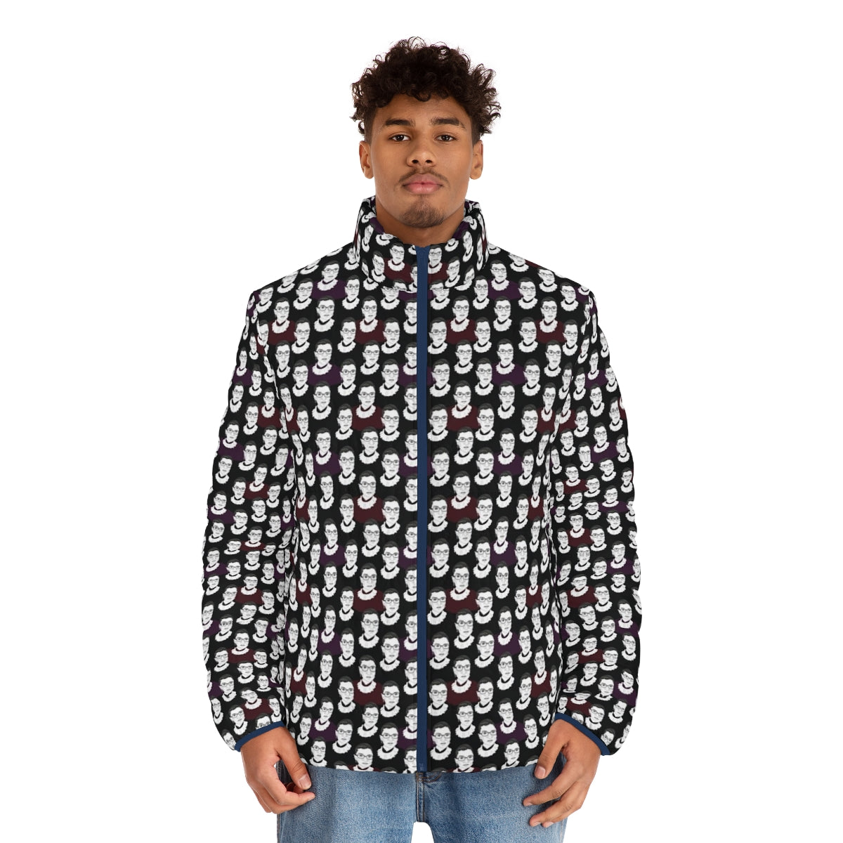 Ruth Bader Ginsburg inspired puffer jacket featuring a bold RBG pattern - men front