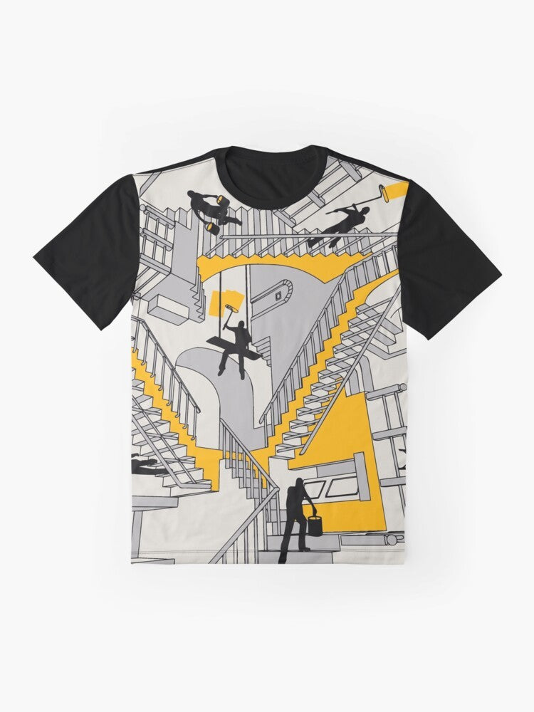 A surreal and dimensional graphic t-shirt design featuring architectural elements, home improvement themes, and a geometric, impossible structure. - Flat lay