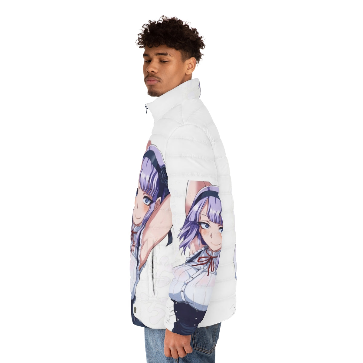 Dagashi Kashi Hotaru anime puffer jacket with vibrant anime design - men side left