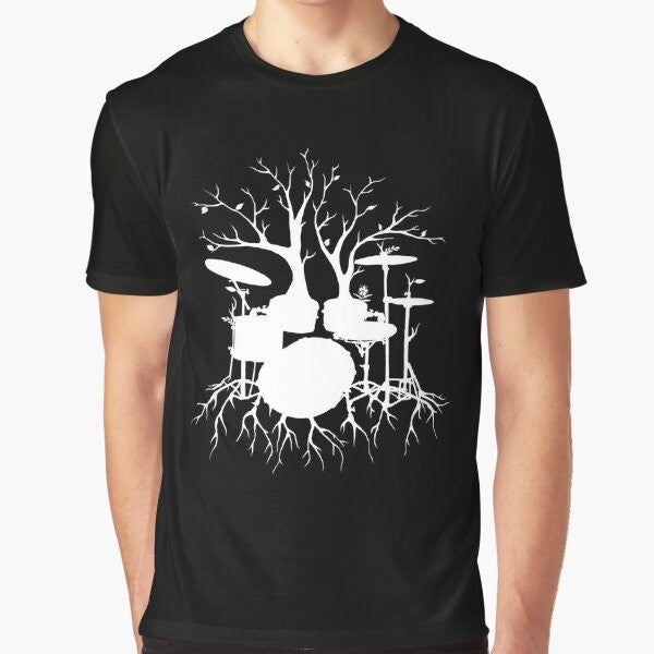 Surreal graphic t-shirt design featuring a silhouetted drum tree, symbolizing the connection between music and the natural world.