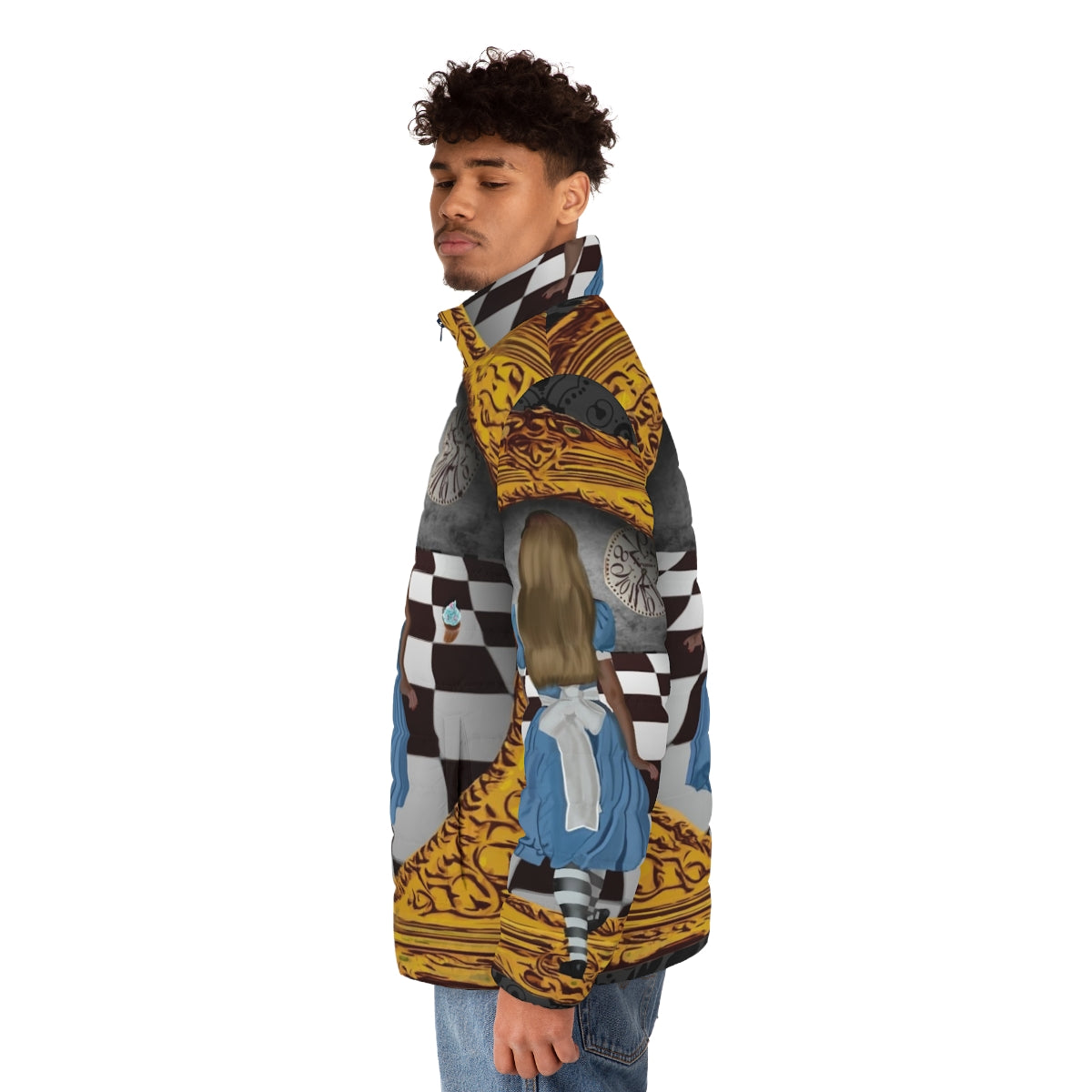 Model wearing a blue and gold puffer jacket with an alice in wonderland inspired design - men side left