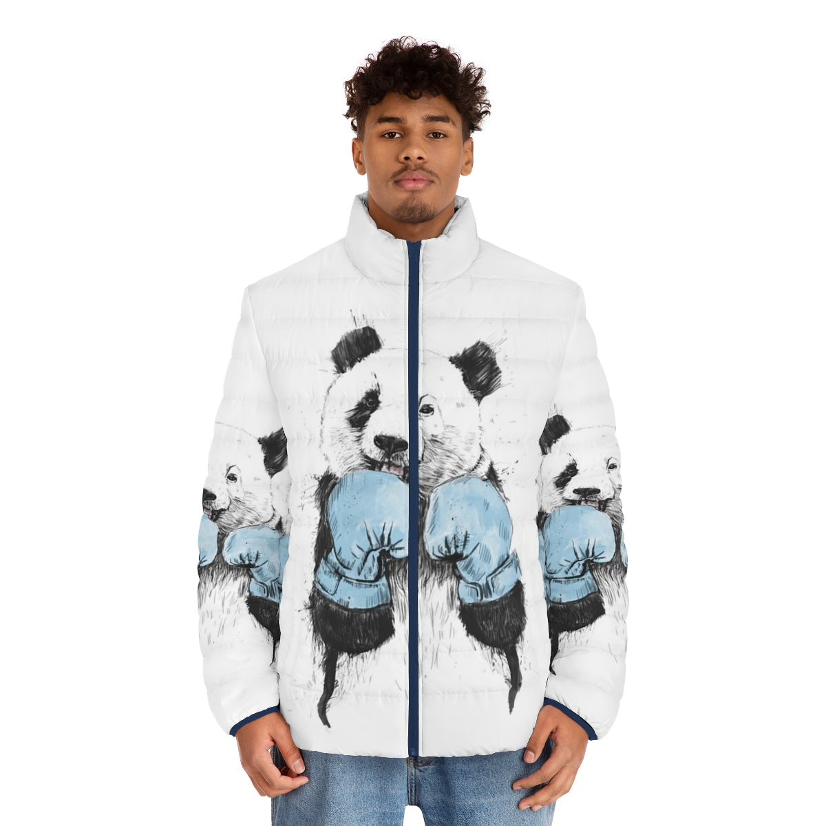 A puffer jacket with a funny animal print design, featuring a boxing panda illustration. - men front