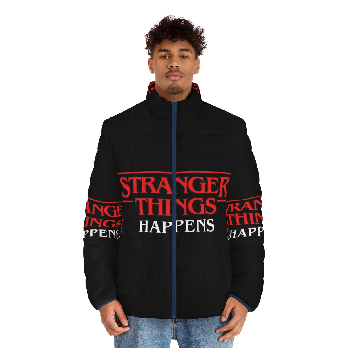 Stranger Things Puffer Jacket featuring the iconic logo and quotes from the hit Netflix series - men front