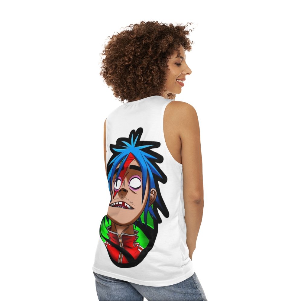 Unisex 2D graphic tank top with Gorillaz-inspired design - women back