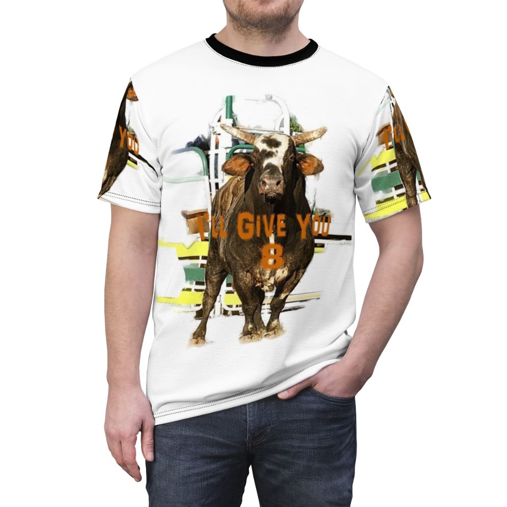 Stylized graphic art designs featuring rodeo bull riders and quotes for an extreme sports t-shirt. - men front