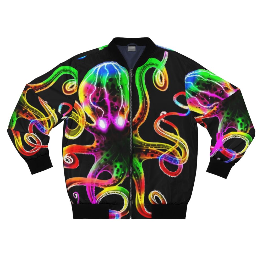 A bomber jacket with a vibrant tie-dye pattern featuring a glowing octopus design.