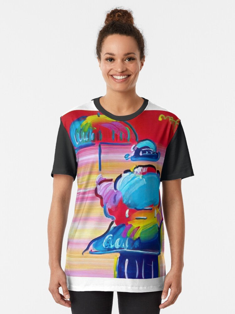 Peter Max pop art graphic t-shirt featuring colorful, vibrant artwork in the signature style of the renowned American artist - Women