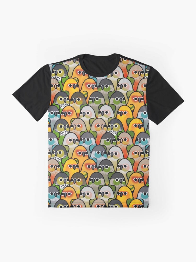 Conure Squad Bird Graphic T-Shirt, featuring a colorful flock of birds - Flat lay