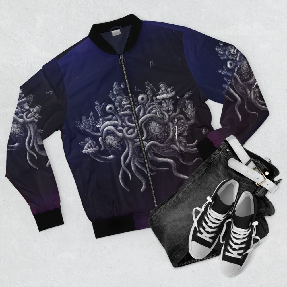 The Flying Spaghetti Monster (FSM) Pastafarian Bomber Jacket - Flat lay