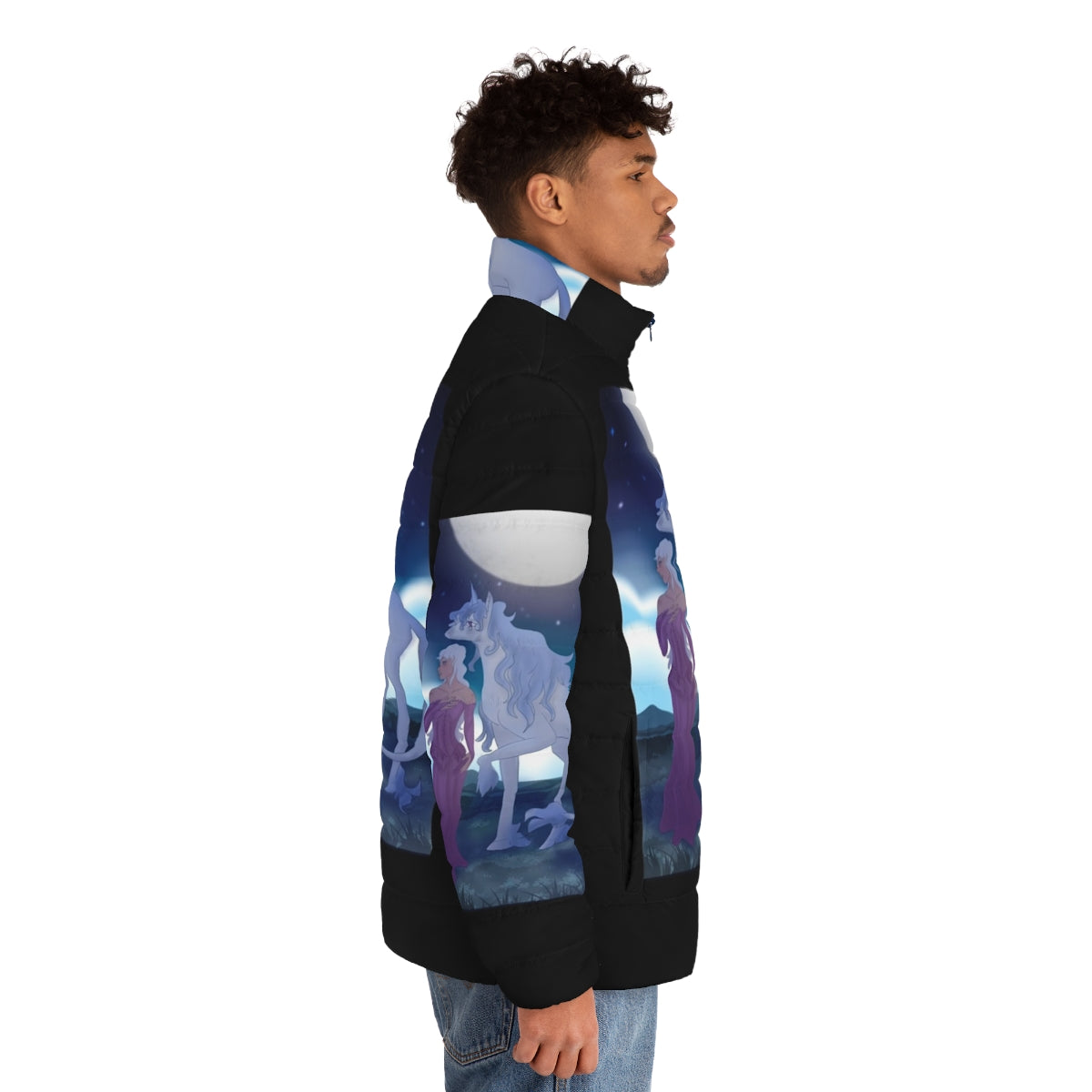 The Last Unicorn puffer jacket featuring original fantasy art of the unicorn Amalthea - men side right