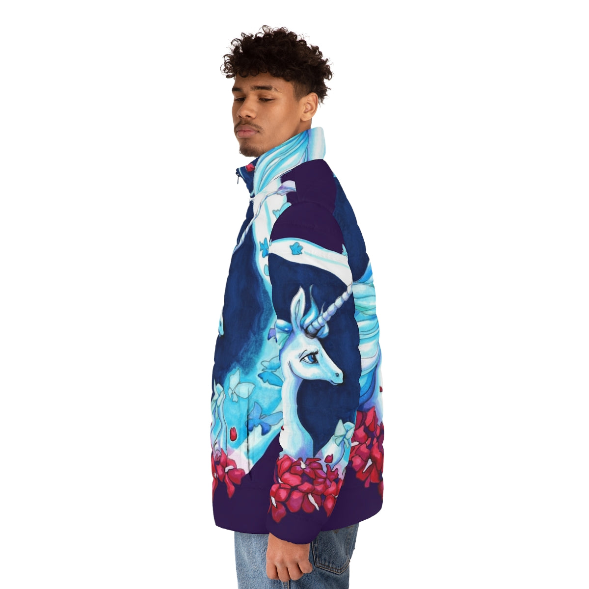 A whimsical puffer jacket featuring the iconic unicorn from the beloved fantasy film "The Last Unicorn" - men side left