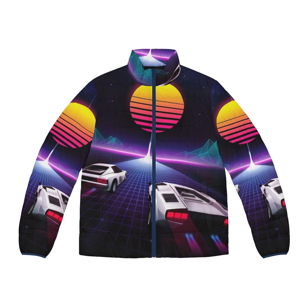 Neon Puffer Jacket with Cosmic Sky and Race Car Inspired Design