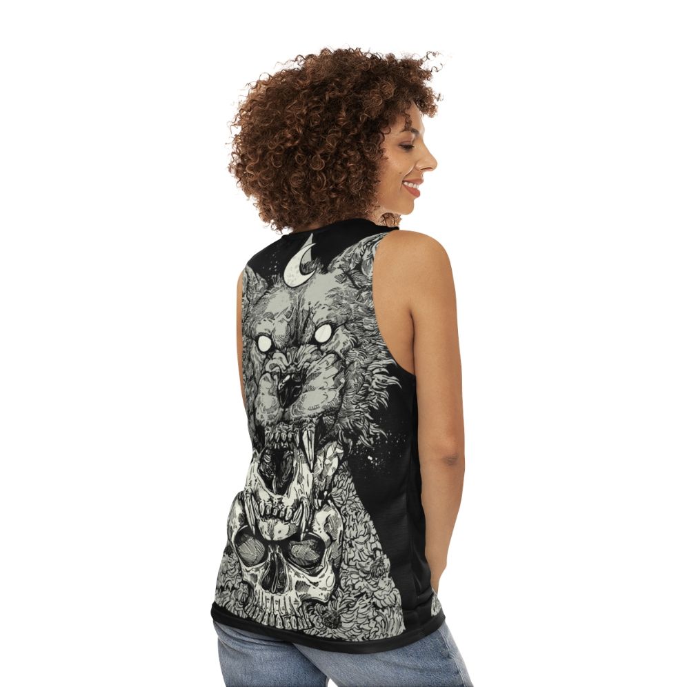 Gothic style unisex graphic tank top with shape shift design - women back