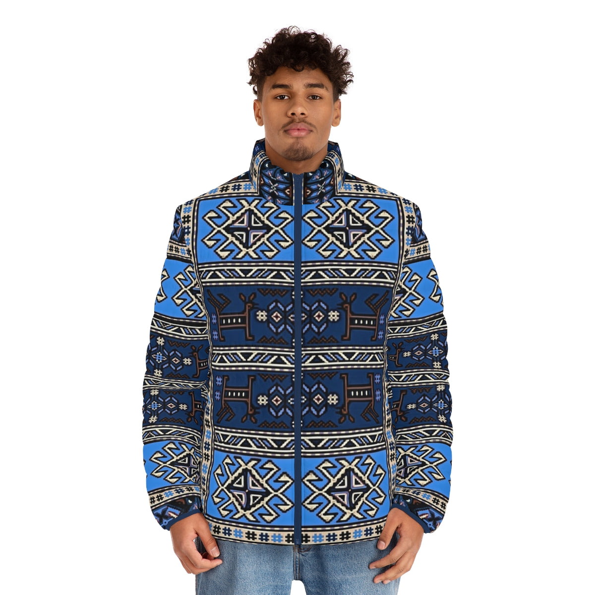 Armenian art pattern puffer jacket with traditional motifs - men front