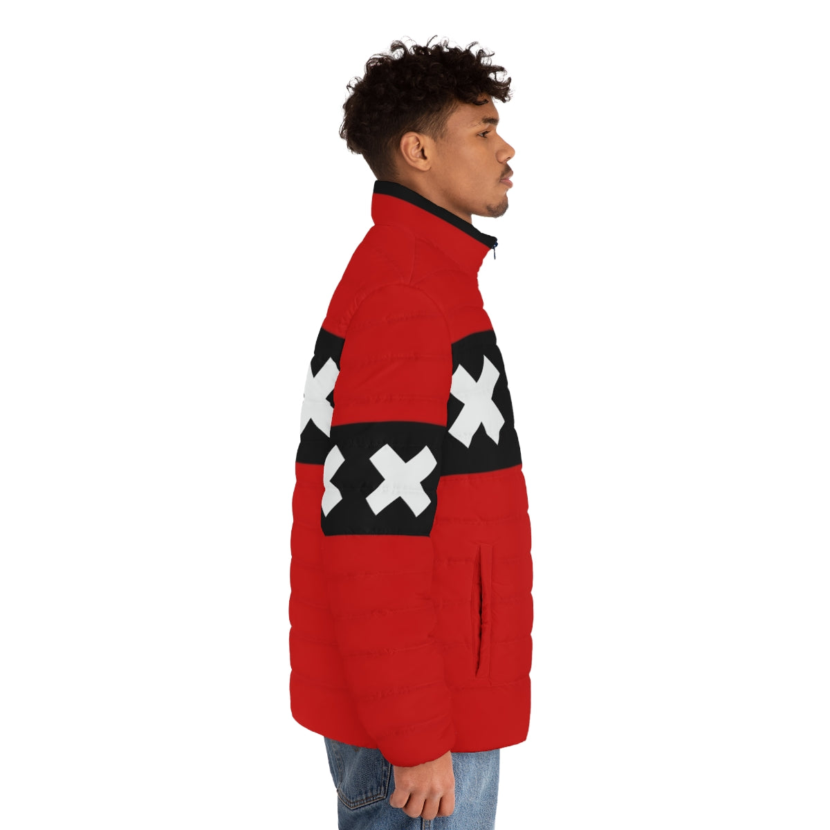 Amsterdam XXX Sports Puffer Jacket with city logo and text - men side right