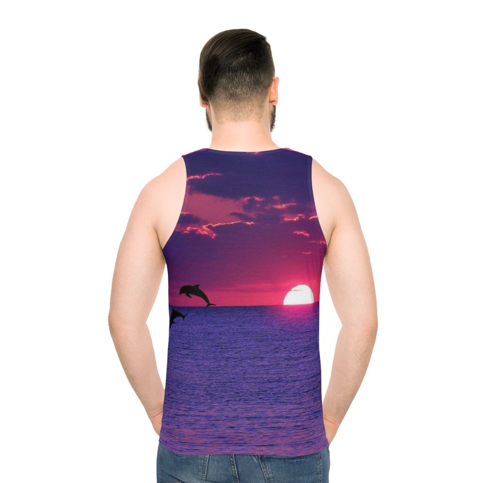 Unisex tank top featuring a breathtaking beach sunset in pink and purple sky - men back