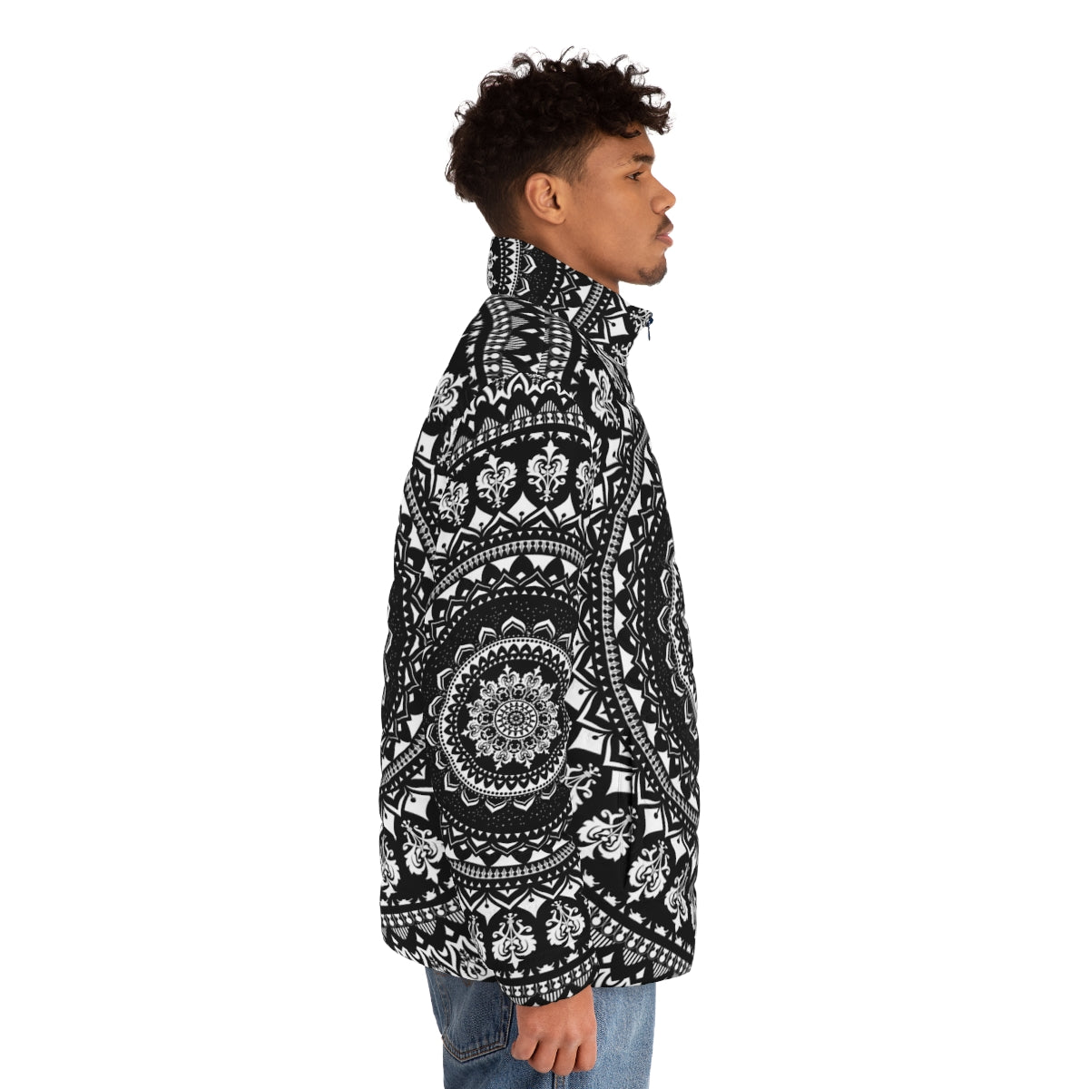 Mandala Monochrome Puffer Jacket with Celestial and Cosmic Design - men side right