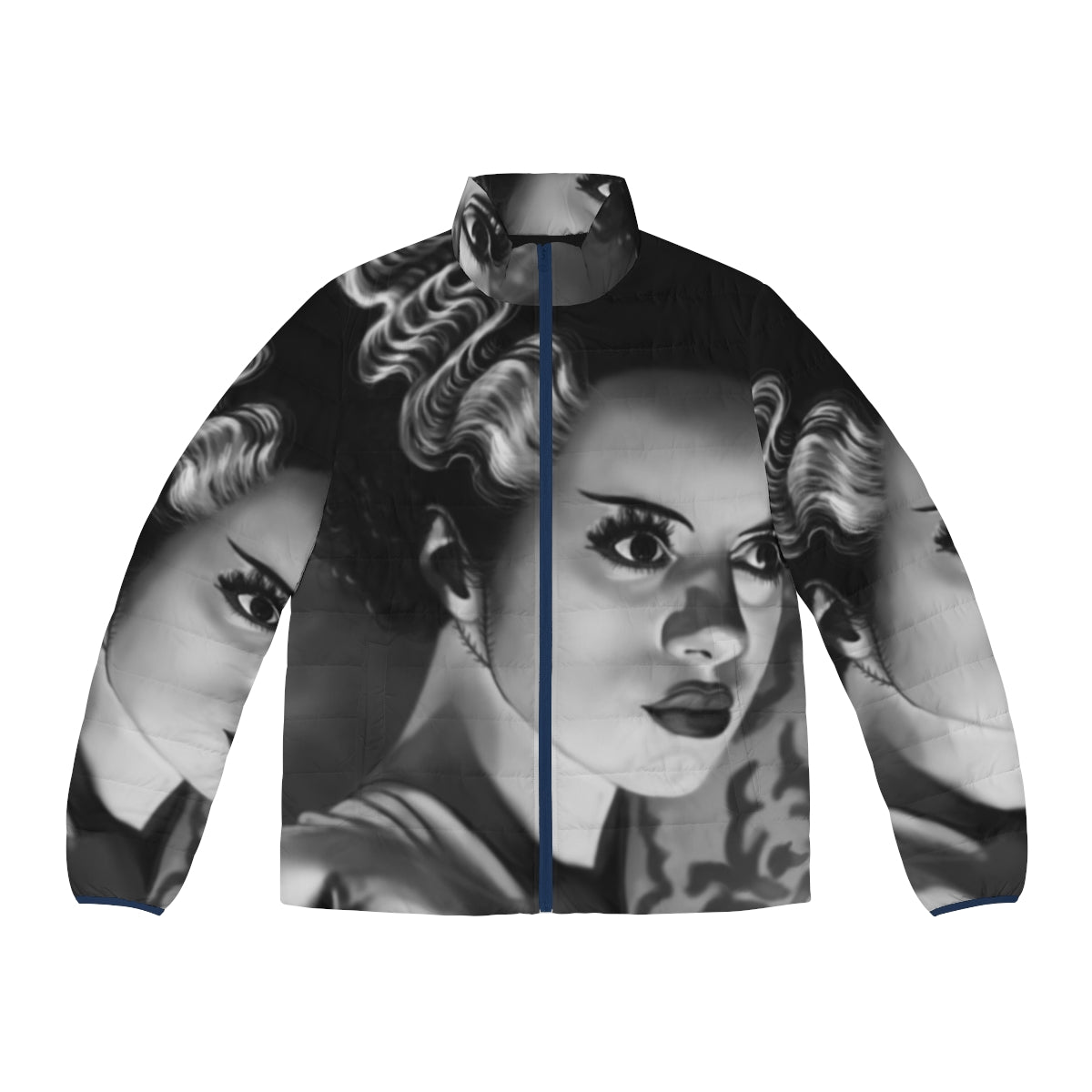 A gothic and spooky puffer jacket inspired by the Bride of Frankenstein