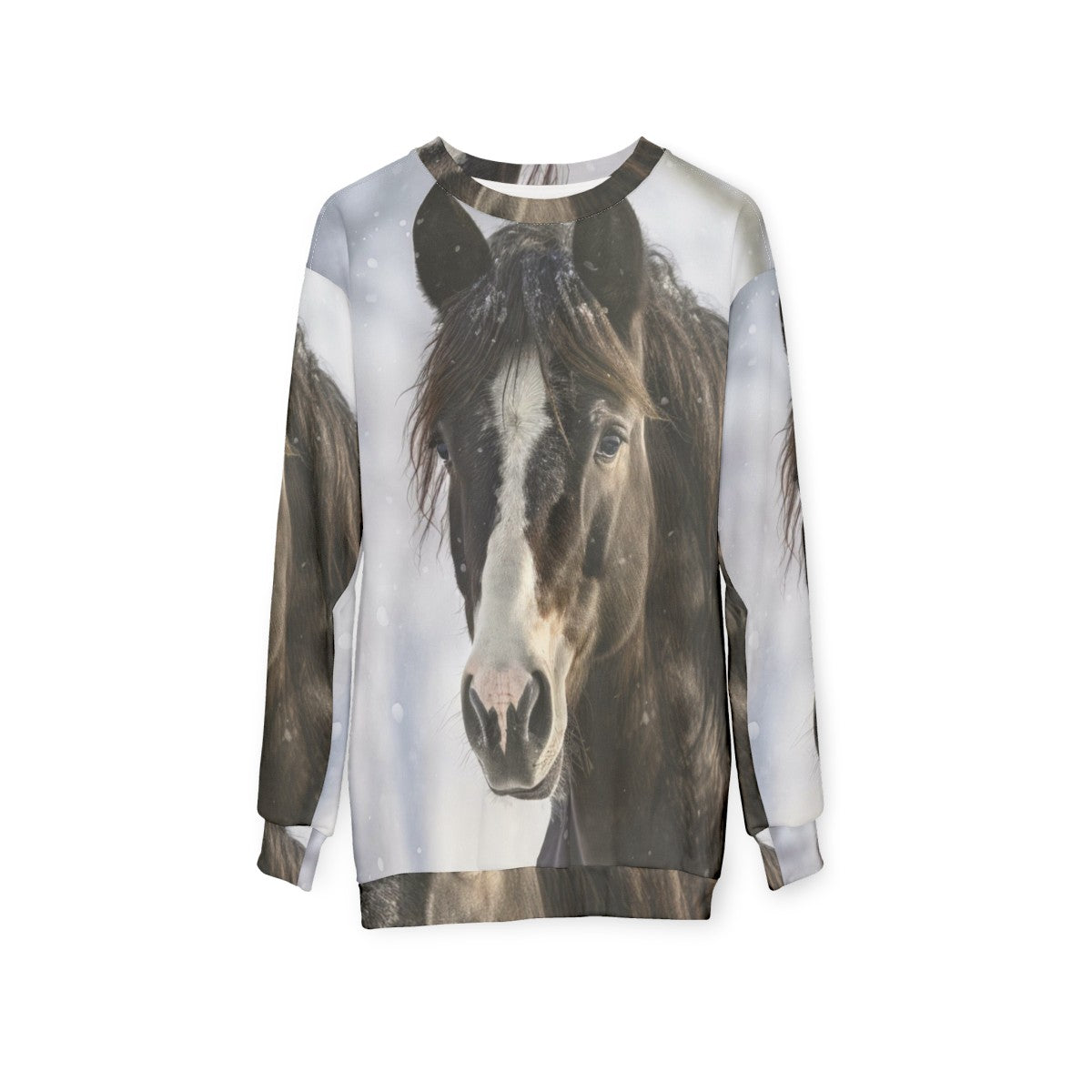 Black horse silhouette in winter scene on sweatshirt - hanging