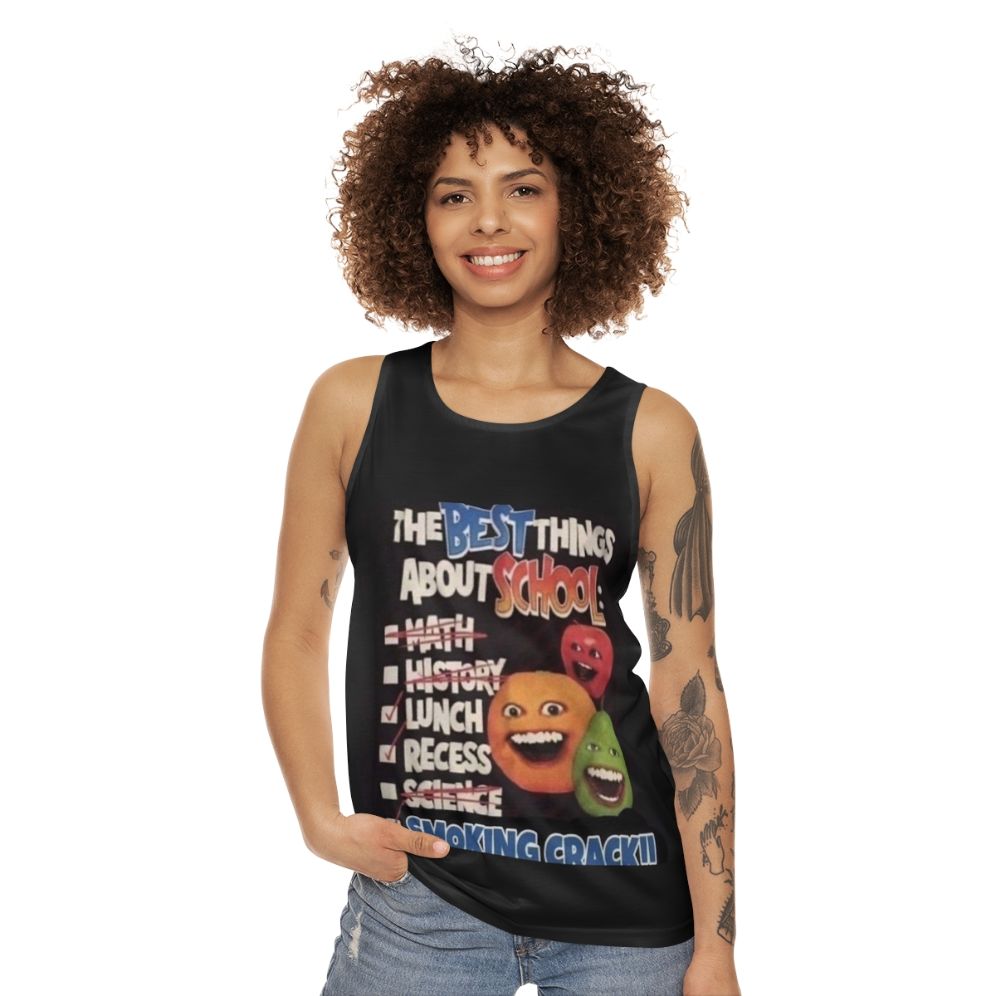 Annoying Orange inspired unisex tank top with a humorous school-themed graphic - women