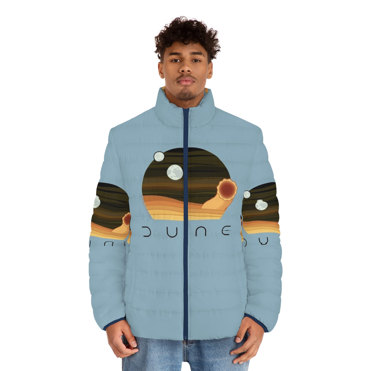 Dune-inspired puffer jacket with desert and sandworm design - men front