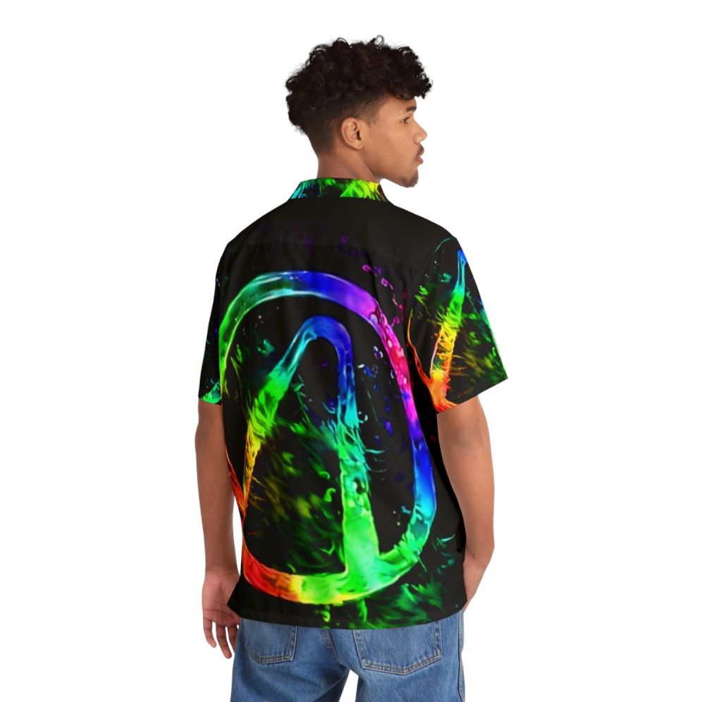 Borderlands inspired hawaiian shirt with a rainbow splash and vault hunter symbol design - People Back