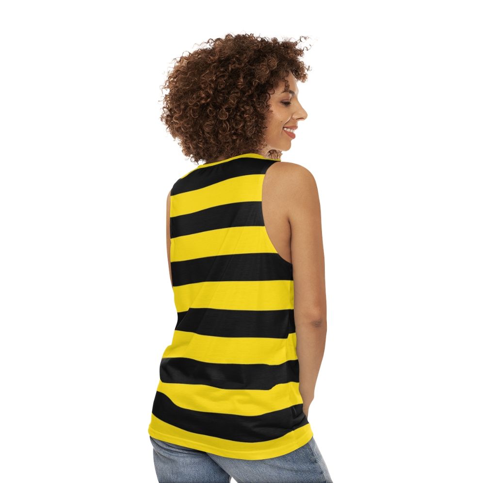 Wide horizontal yellow and black striped unisex tank top - women back