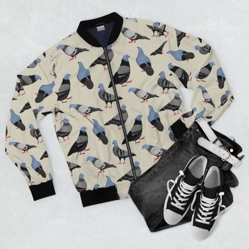 Colorful pigeon bomber jacket with a funky pattern, perfect for bird lovers in New York - Flat lay