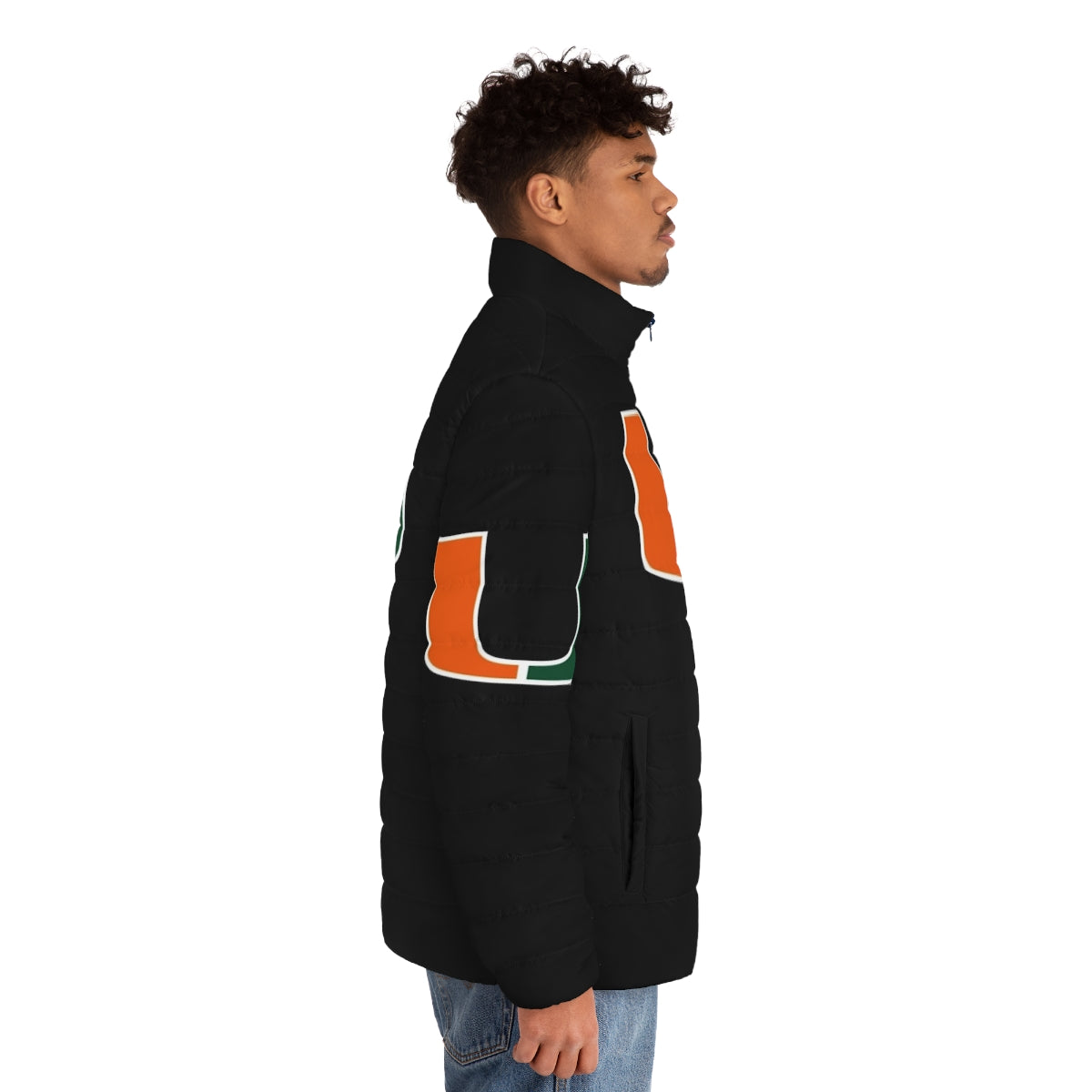 Miami Hurricanes logo printed on an insulated puffer jacket - men side right