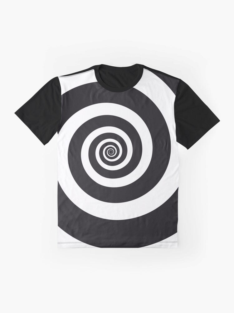 Spiral hypnotic visual illusion black and white graphic t-shirt design with mind control theme - Flat lay