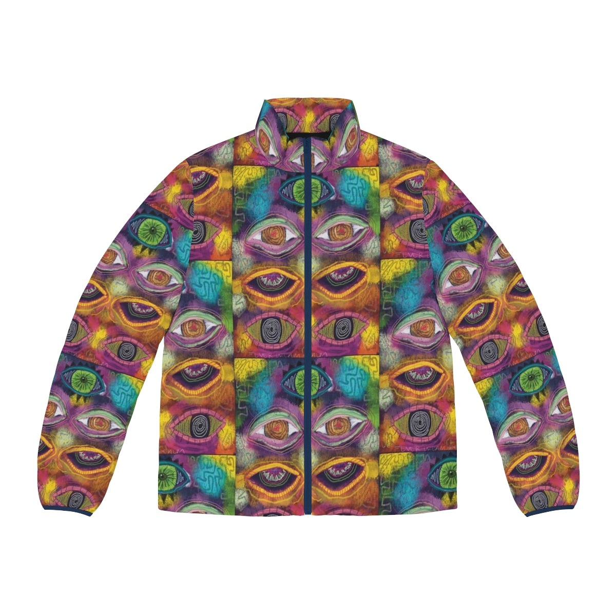 Trippy and psychedelic puffer jacket with abstract and neoexpression design featuring eyeballs and charcoal color