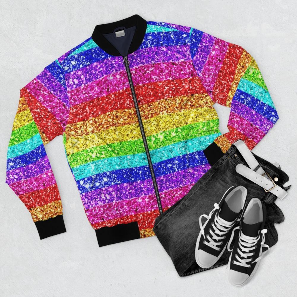 A vibrant, sparkling rainbow glitter bomber jacket for Pride and LGBTQ+ celebrations. - Flat lay