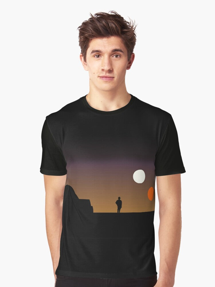 A graphic t-shirt featuring the double sunset of Tatooine from the Star Wars universe. - Men