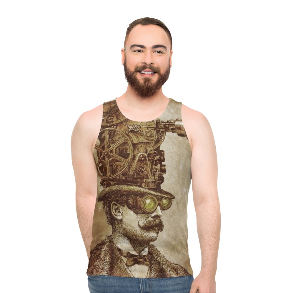 Unisex steampunk tank top with fantasy illustration of a movie projector - men